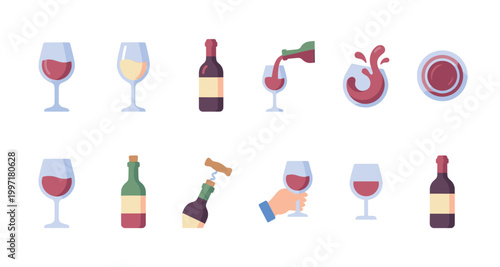 Collection of flat design icons representing wine glasses, bottles, pouring, splashing, and uncorking for beverage and celebration themes.