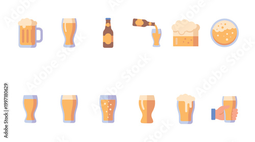 A collection of flat design icons featuring various glasses and a bottle of beer, perfect for illustrating beverage themes and advertising.