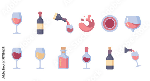 A collection of minimalist flat design icons representing wine bottles, glasses, and splashes, perfect for digital and print media related to beverages.