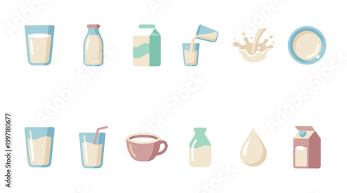 Flat design icons illustrate various milk beverages and products, including glasses, bottles, cartons, splashes, and a drop, on a white background.