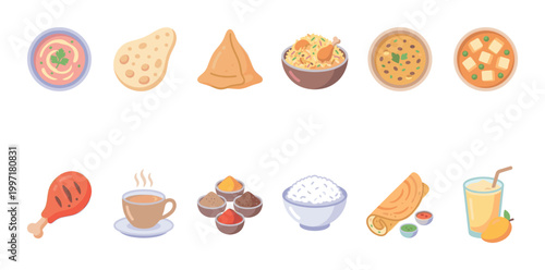 A colorful and playful collection of flat design icons representing various popular Indian dishes and beverages, perfect for culinary and cultural projects.