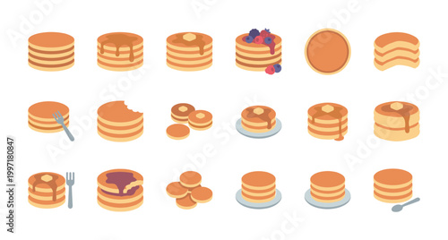 A collection of flat design icons featuring various stacks of pancakes with different toppings and utensils, perfect for food blogs and recipe illustrations.
