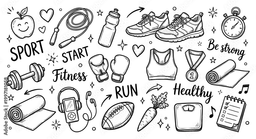 Obraz premium Sport fitness doodle set with sneaker dumbbell jump rope mat