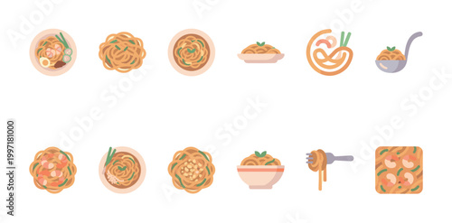 A vibrant and clean collection of flat design icons showcasing various noodle dishes, including ramen, pasta, and stir-fry with shrimp and egg.