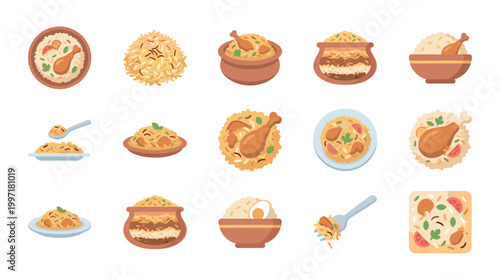 A vibrant flat illustration set showcasing various servings of delicious biryani, presented in bowls, pots, and on plates, perfect for culinary themes.