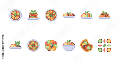 A collection of flat design vector icons depicting ratatouille dishes and sliced vegetables in various arrangements, perfect for food blogs or recipe apps.