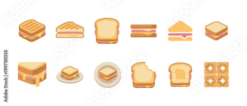 A vibrant flat illustration collection showcases various ham and cheese sandwiches in different styles and perspectives, ideal for food-related designs.
