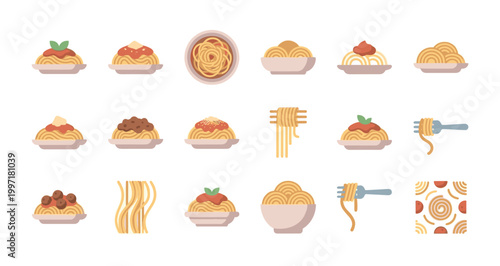 A collection of flat design icons depicting various pasta dishes, including spaghetti with sauces and meatballs, served in bowls and on forks against a white background.