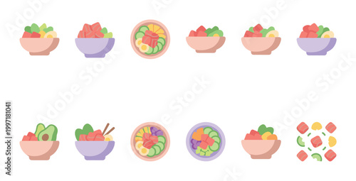 A collection of flat design icons featuring various healthy food bowls with fresh ingredients like salmon, avocado, egg, and greens.