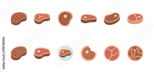 A collection of stylized meat icons in various cuts and states, presented against a clean white background.