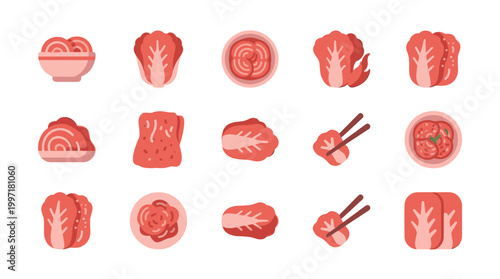 Flat vector icons depict various stages of kimchi preparation and consumption, featuring whole and sliced napa cabbage, bowls of noodles, and chopsticks.