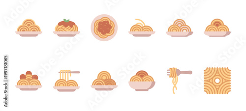 A collection of flat design icons representing various spaghetti dishes and pasta elements, perfect for culinary websites, menus, and food blogs.