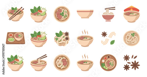 A delightful flat illustration collection featuring various bowls of Vietnamese pho noodle soup, ingredients, and serving dishes, perfect for culinary and cultural projects.