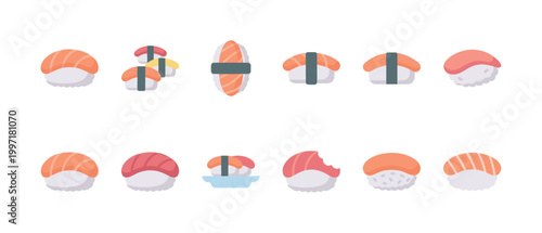 A collection of flat, colorful cartoon-style sushi nigiri icons on a white background, perfect for food-related designs and menus.