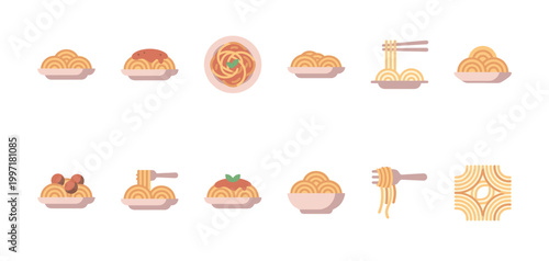 A collection of flat design icons representing various pasta dishes and ingredients, perfect for menus, websites, or food-related graphics.
