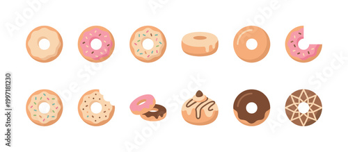 A collection of colorful, flat vector icons featuring various donuts with different toppings, sprinkles, and bite marks, perfect for culinary and sweet treat designs.