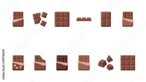 Collection of flat design chocolate bar icons in various states, including whole, broken, bitten, and with pieces, on a white background.