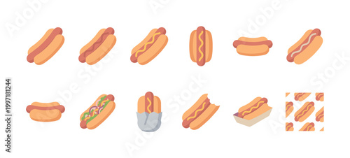 A set of flat design icons featuring hot dogs in various styles, including plain, with mustard, onions, and a bitten option, plus a seamless pattern.