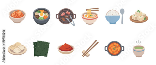 A vibrant collection of stylized Korean food illustrations, featuring classic dishes like kimchi, bibimbap, ramen, and tteokbokki, ideal for culinary themes.