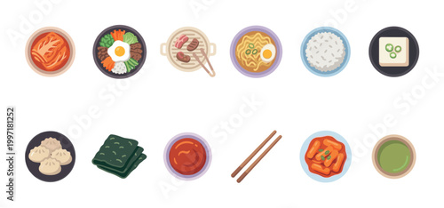 A colorful flat lay illustration showcasing a variety of popular Korean dishes, presented in a clean, modern, and appealing graphic style.