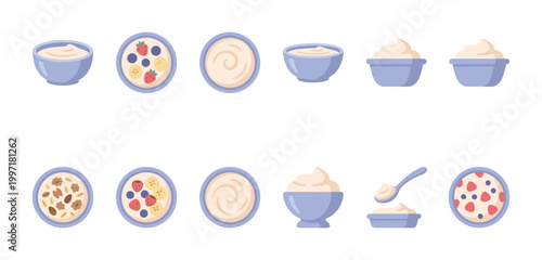 Collection of flat design illustrations showing various bowls of yogurt, oatmeal, and fruit, perfect for healthy eating and breakfast concepts.