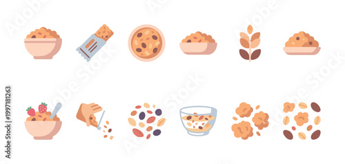A collection of flat design icons featuring breakfast cereal, fruit, and healthy snacks, perfect for food blogs or health-related content.
