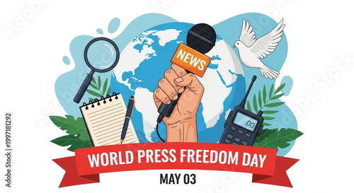 World Press Freedom Day Global News Reporting Journalism Microphone Dove Globe Magnifying Glass