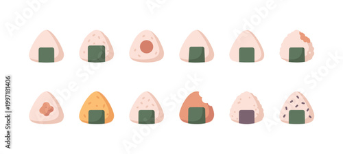 A colorful flat design illustration showcasing a collection of diverse Japanese onigiri rice balls with various fillings and toppings, isolated on a white background.
