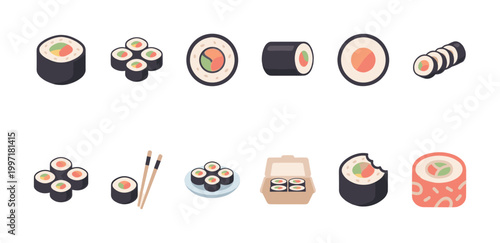 A collection of flat design icons featuring various sushi rolls, including maki, nigiri, and chopsticks, on a white background.