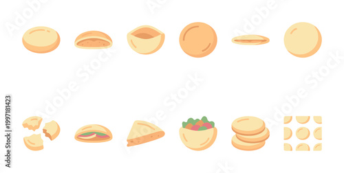 Collection of flat vector illustrations featuring various stages of pita bread, from whole to filled and broken, with a seamless pattern.