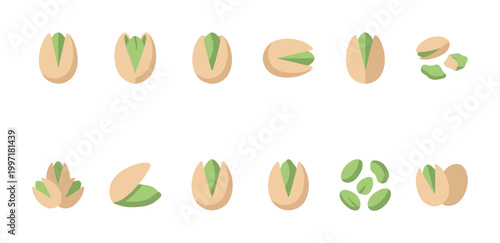 A collection of flat design vector icons representing pistachios in various stages of opening and shelled kernels on a white background.