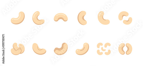 A delightful collection of cashew nuts depicted in a clean, flat design style against a pure white background, showcasing various orientations and groupings for versatile design use.