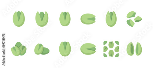 A collection of clean, stylized flat icons depicting various arrangements and views of pistachio nuts, presented on a white background for versatile use.