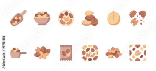 A collection of diverse nuts in a clean, flat, illustrative style with warm earthy tones, perfect for food packaging, healthy eating graphics, and websites.