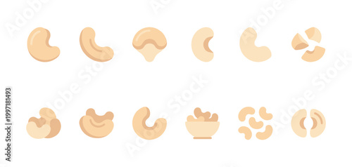 This flat design icon set features a variety of cashew nuts in different forms and arrangements, presented on a clean white background for versatile use.