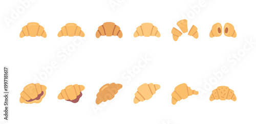 A colorful and fun collection of flat vector illustrations depicting various styles of croissants, including plain, filled, and sliced, perfect for food-related designs.