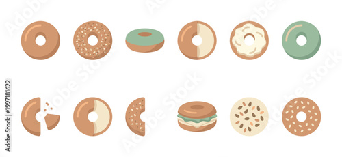 A collection of flat design illustrations of various bagels, including whole, halved, and sandwich variations, on a white background.