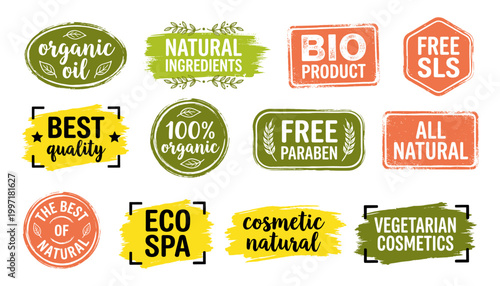 Natural cosmetic label set with organic bio product and eco stamp