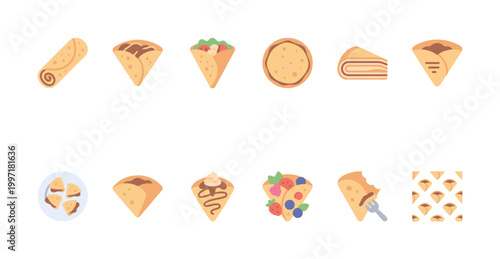 A collection of flat design illustrations representing crepes with diverse fillings like fruit, chocolate, and savory options on a white background.