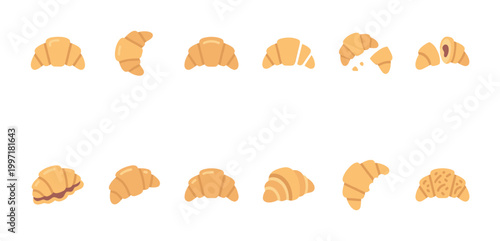 A collection of cartoon-style croissants in various forms, including whole, broken, and filled, presented on a clean white background for versatile use.