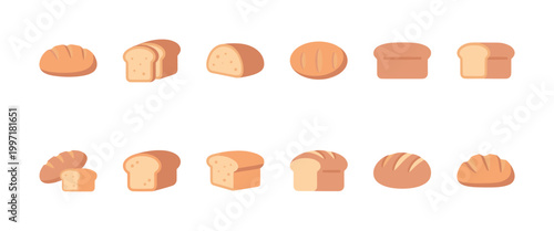 A collection of cartoon-style bread illustrations including loaves, sliced bread, and rolls, displayed against a clean white background.