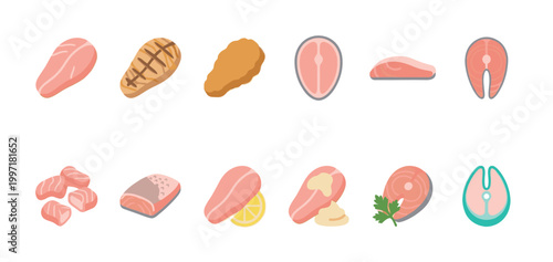 A collection of flat-style illustrations depicting various cuts and preparations of salmon fish, including steaks, fillets, and cubed pieces.