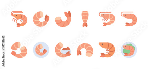 A collection of flat design shrimp icons in various playful poses, illustrating different angles and food presentation styles on a clean white background.