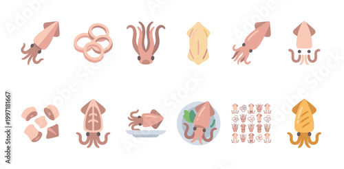 A delightful collection of flat design illustrations featuring various squid representations, from whole creatures to rings and plated dishes, perfect for seafood menus and culinary themes.