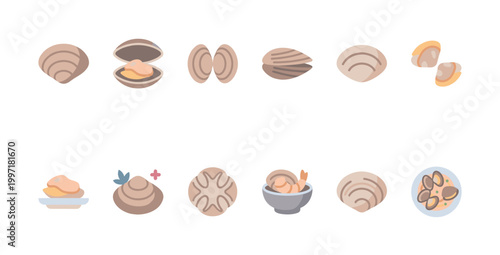 A collection of flat graphic icons representing various seafood elements like clams, mussels, and shrimp, perfect for menus and culinary designs.