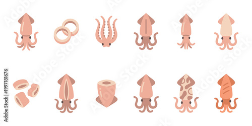 A charming collection of flat-design cartoon squids and calamari rings in pastel colors, perfect for food and ocean themes.