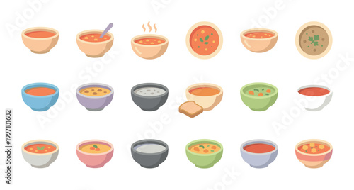 A vibrant isometric illustration displays a collection of diverse soup bowls in various colors and styles, perfect for food and beverage themes.