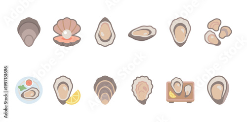A collection of stylized flat design illustrations of oysters, showcasing various preparations and presentations, ideal for food-related graphics and menus.