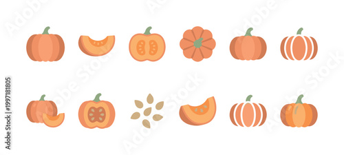 A collection of flat design pumpkins, slices, and seeds in various styles and configurations perfect for autumn and Halloween themes.