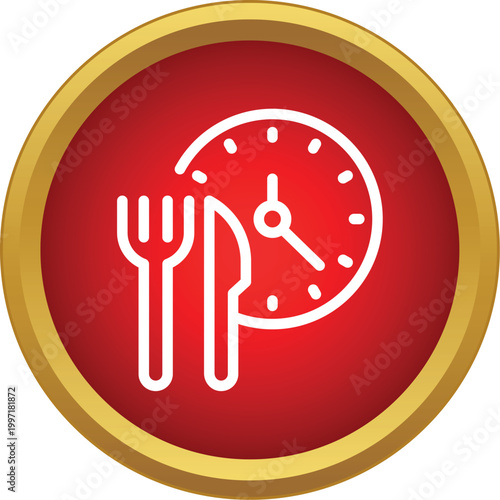 Round red icon displaying clock, fork, and knife, symbolizing intermittent fasting